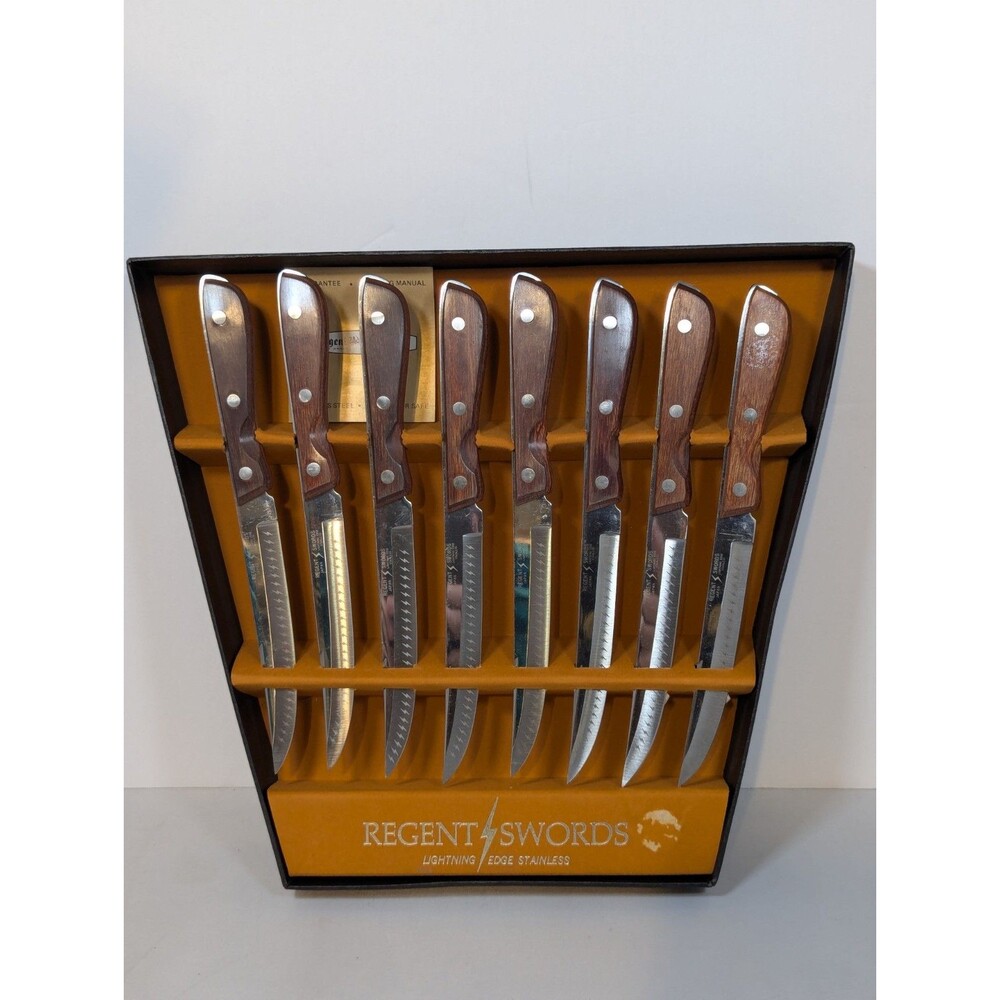 Regent Swords Steak Knife Box of 8 SS 9 Inch Long Vintage Lightning Edge Japan